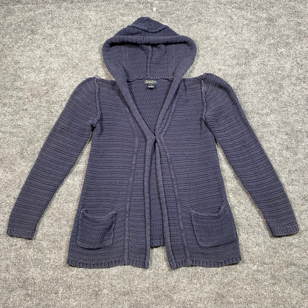 Lucky Brand‎ Womens Navy Blue 100% Cotton Chunky Knit Hooded Cardigan Sweater S
